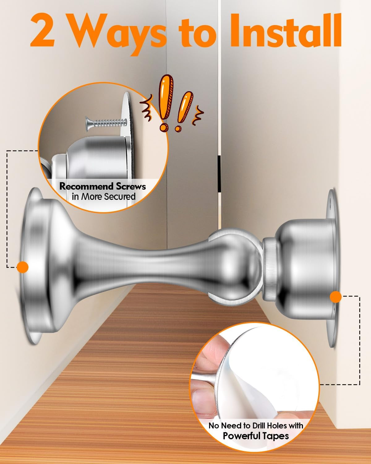 Door Stoppers Magnetic Door Catch, Stainless Steel Magnetic Door Stop 2 Pack, Double-Sided Adhesive Tape, No Drilling, Screws for Stronger Mount, Holder Your Door Open for Wide Doors